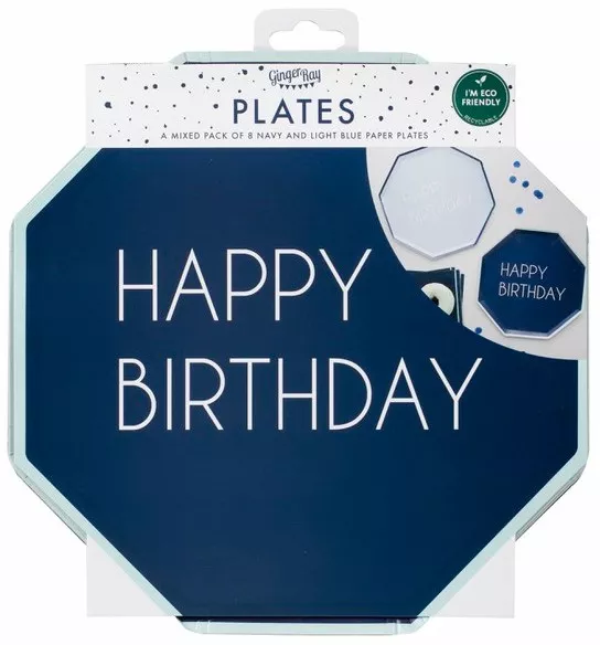 8 Piatti in carta eco blu Happy Birthday 25cm