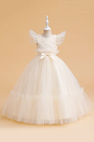 Abito bambina in tulle champagne con fiocco