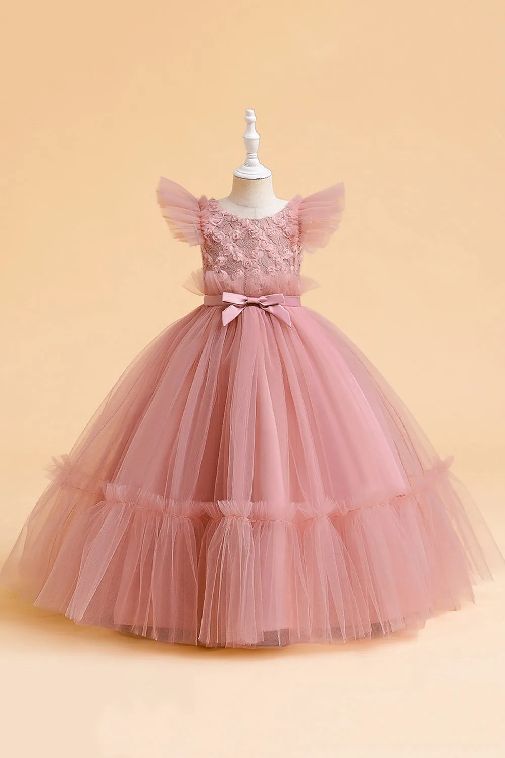 Abito bambina in tulle champagne con fiocco