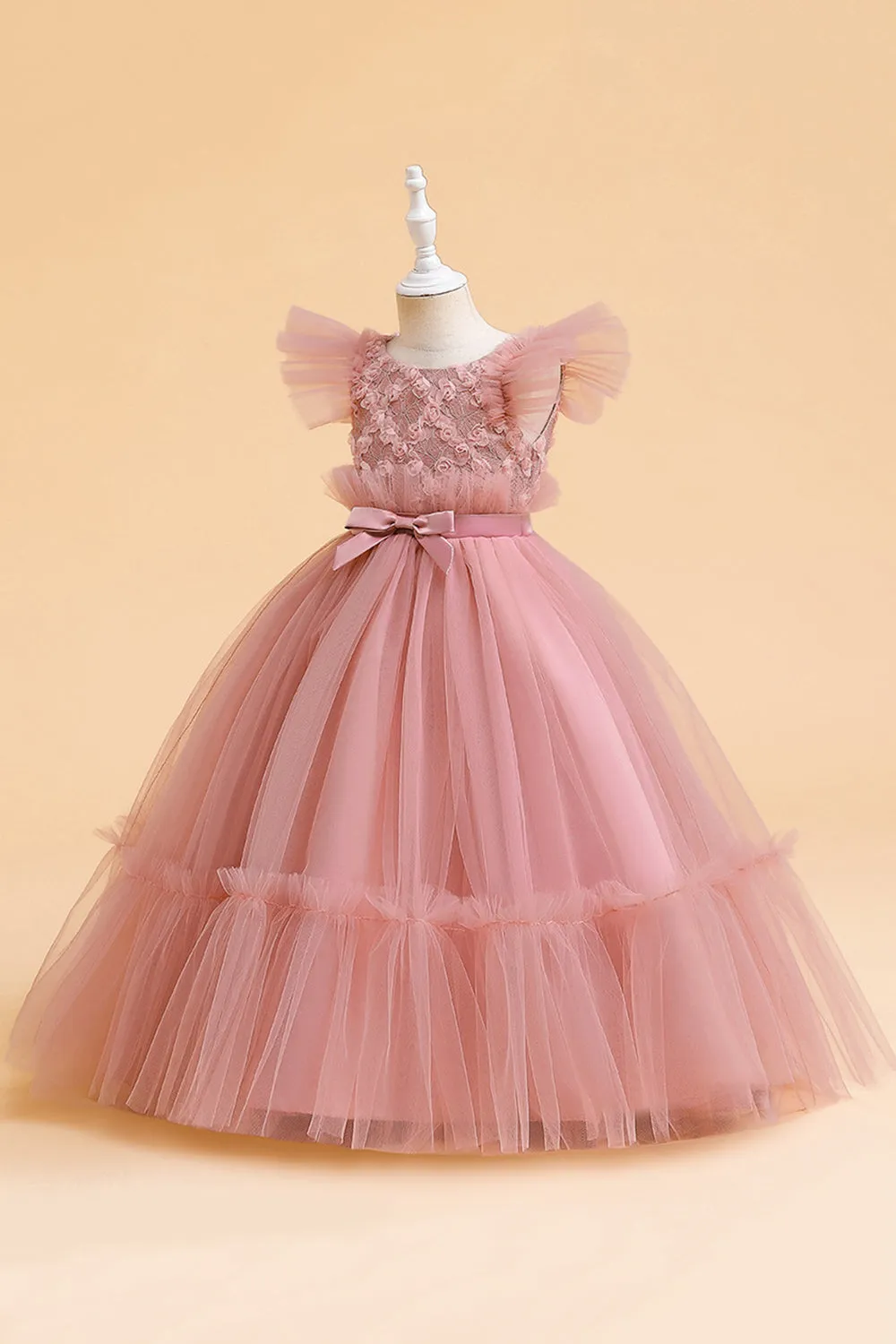 Abito bambina in tulle champagne con fiocco