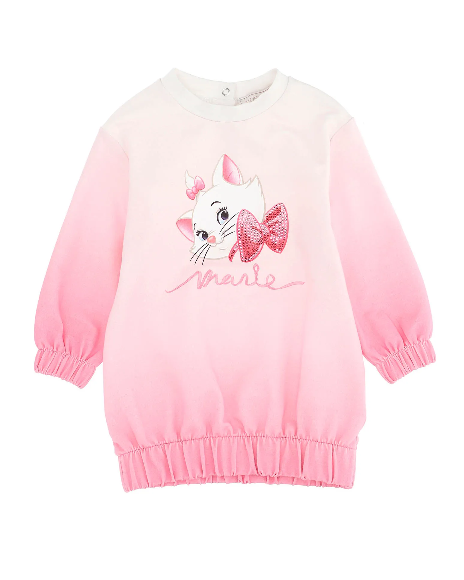 Abito in felpa bianco e rosa sfumato con stampa Minou Aristogatti e strass 12-36 mesi