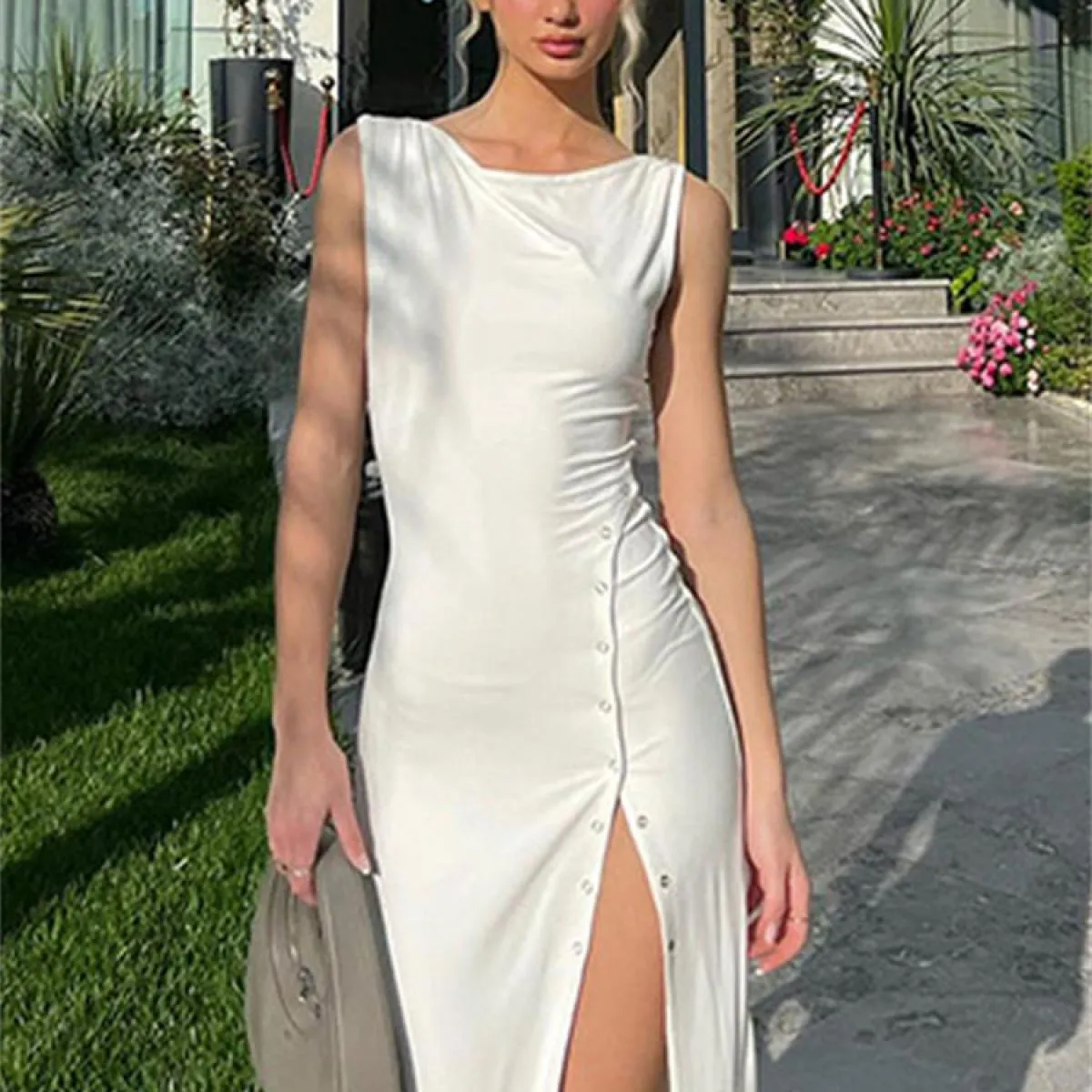 Abito lungo bianco elegante estivo Abito lungo senza maniche patchwork a vita alta Abito da festa da donna con spacco alto Solid