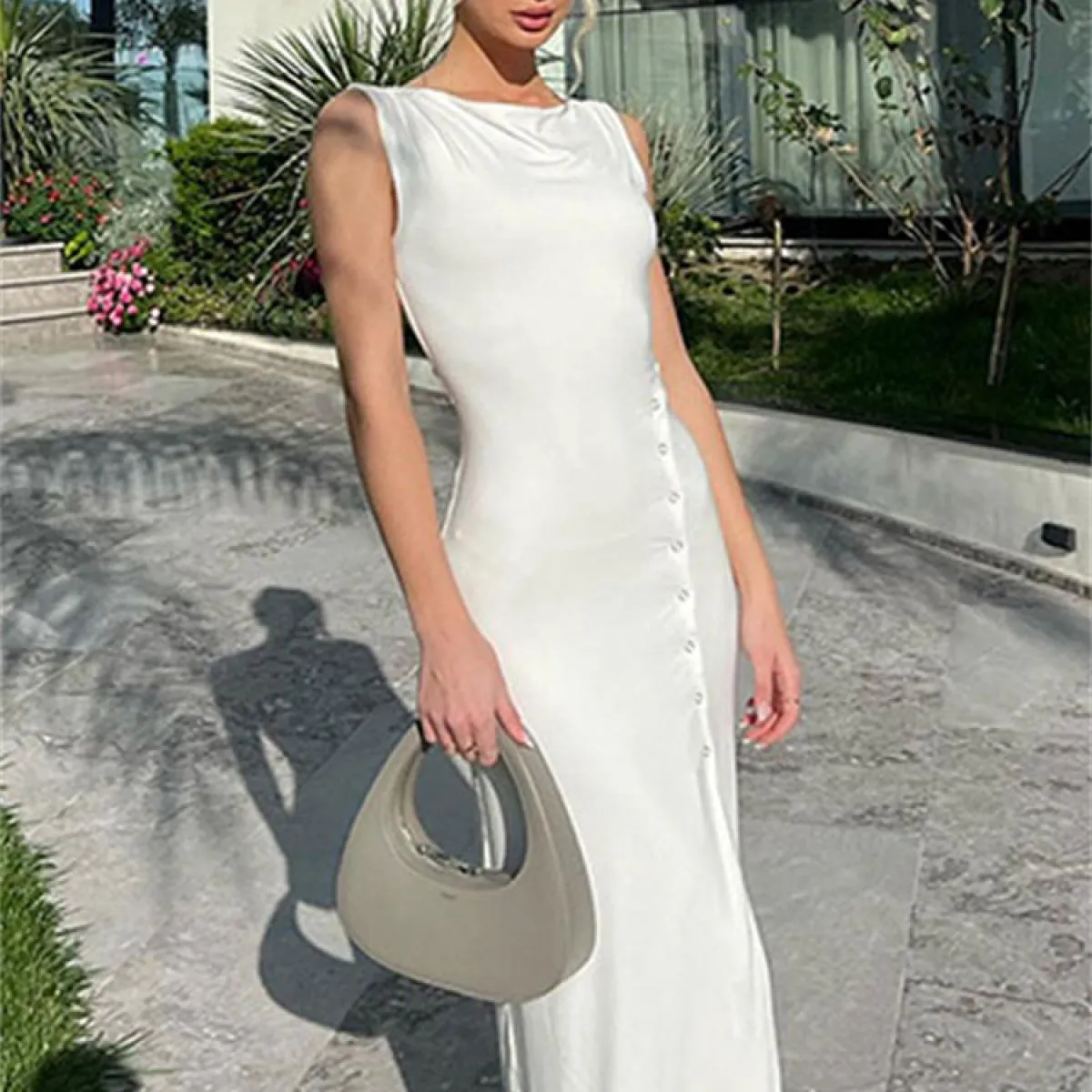 Abito lungo bianco elegante estivo Abito lungo senza maniche patchwork a vita alta Abito da festa da donna con spacco alto Solid