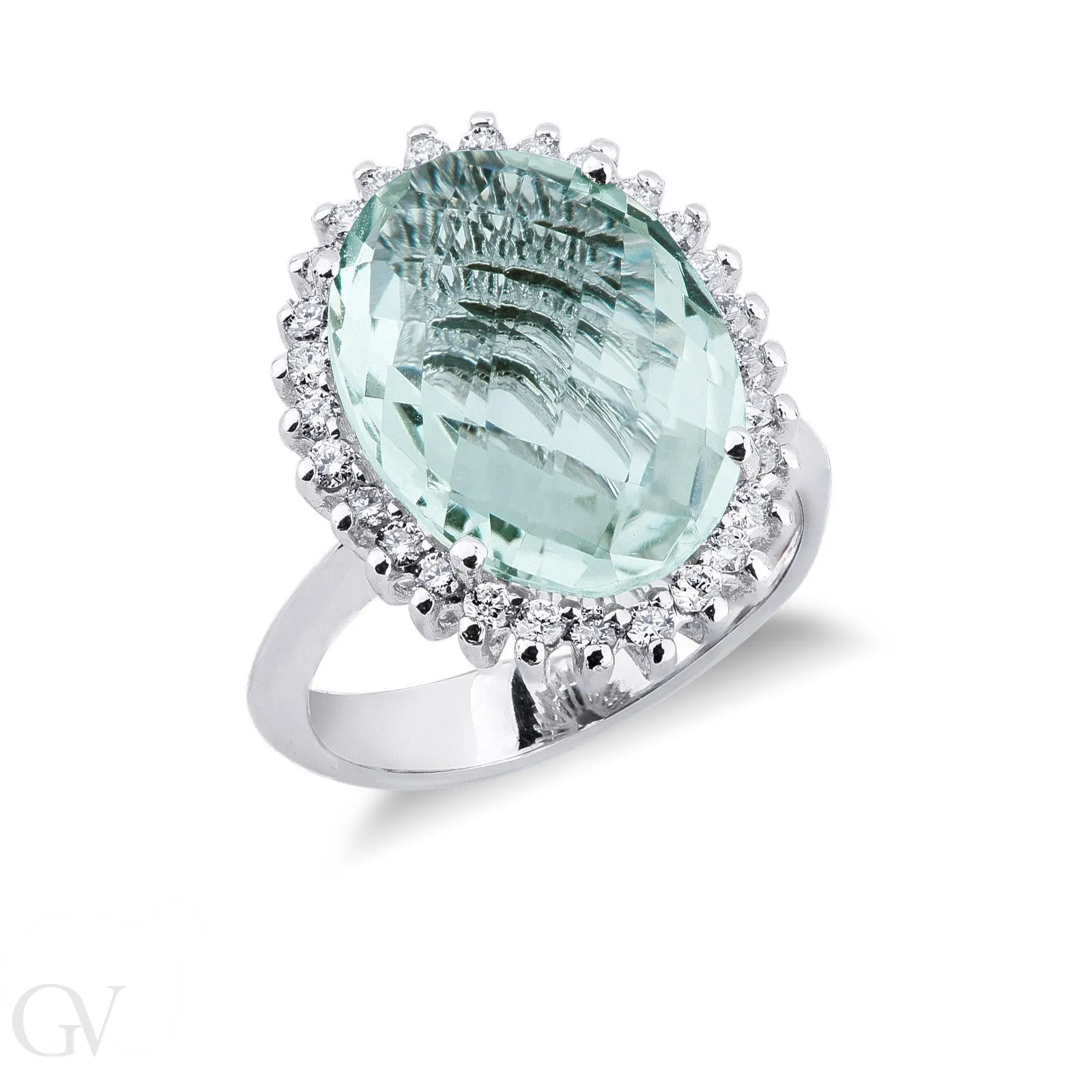 Anello contorno in oro bianco 18k con diamanti e Topazio Azzurro