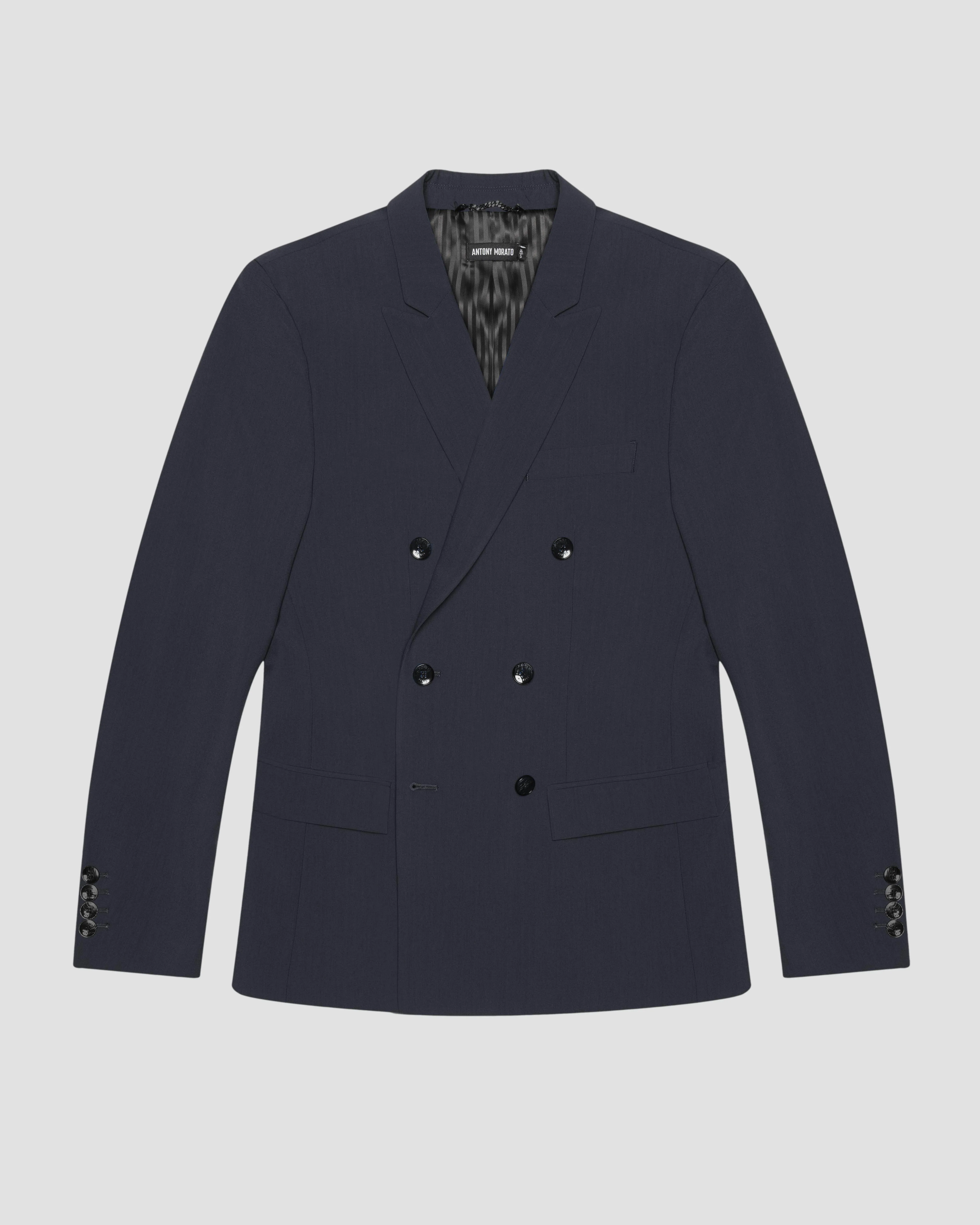 Blazer doppiopetto blu in tessuto stretch con revers a lancia