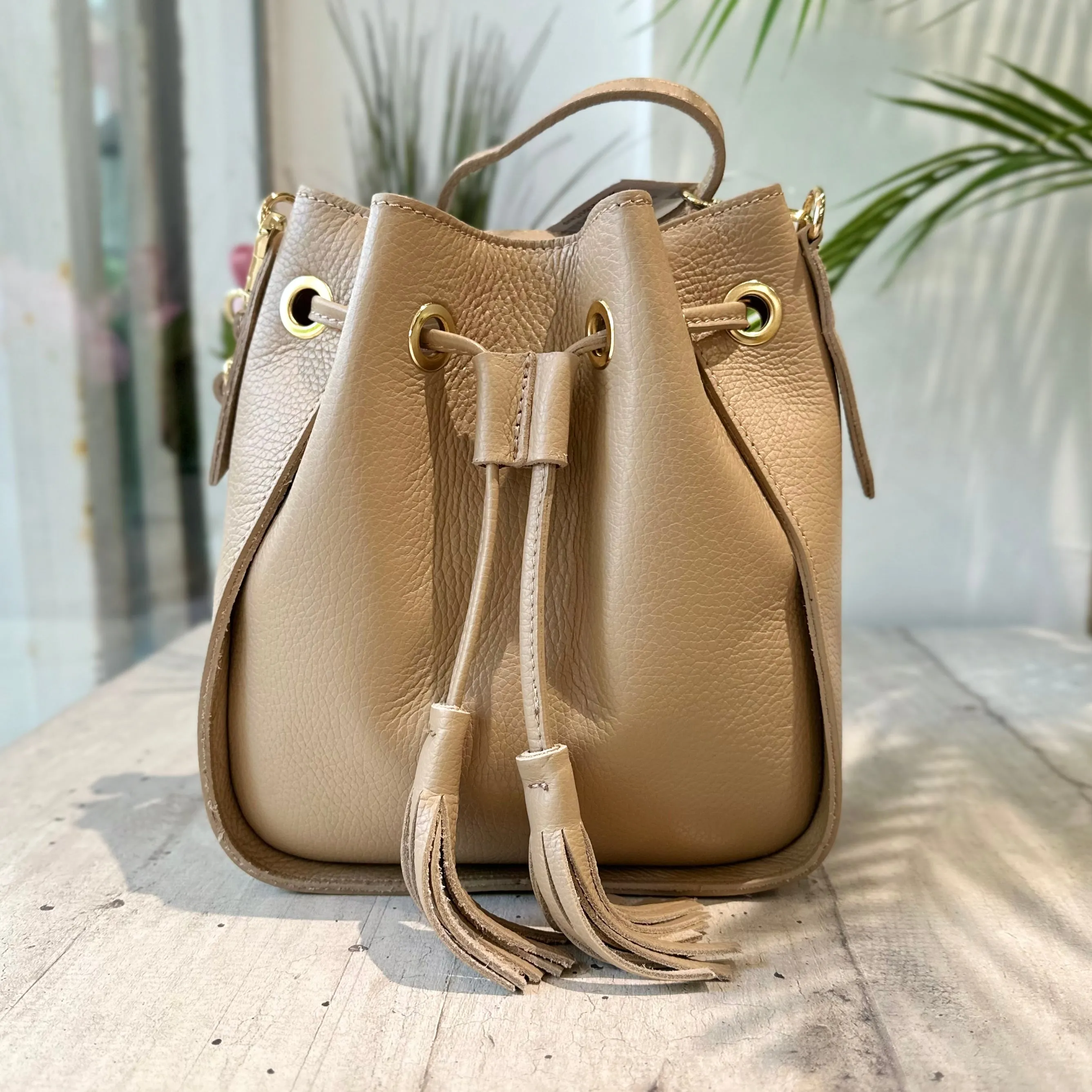 Borsa Secchiello Beige in Pelle Bottalata Nappine e Tracolla VERA PELLE