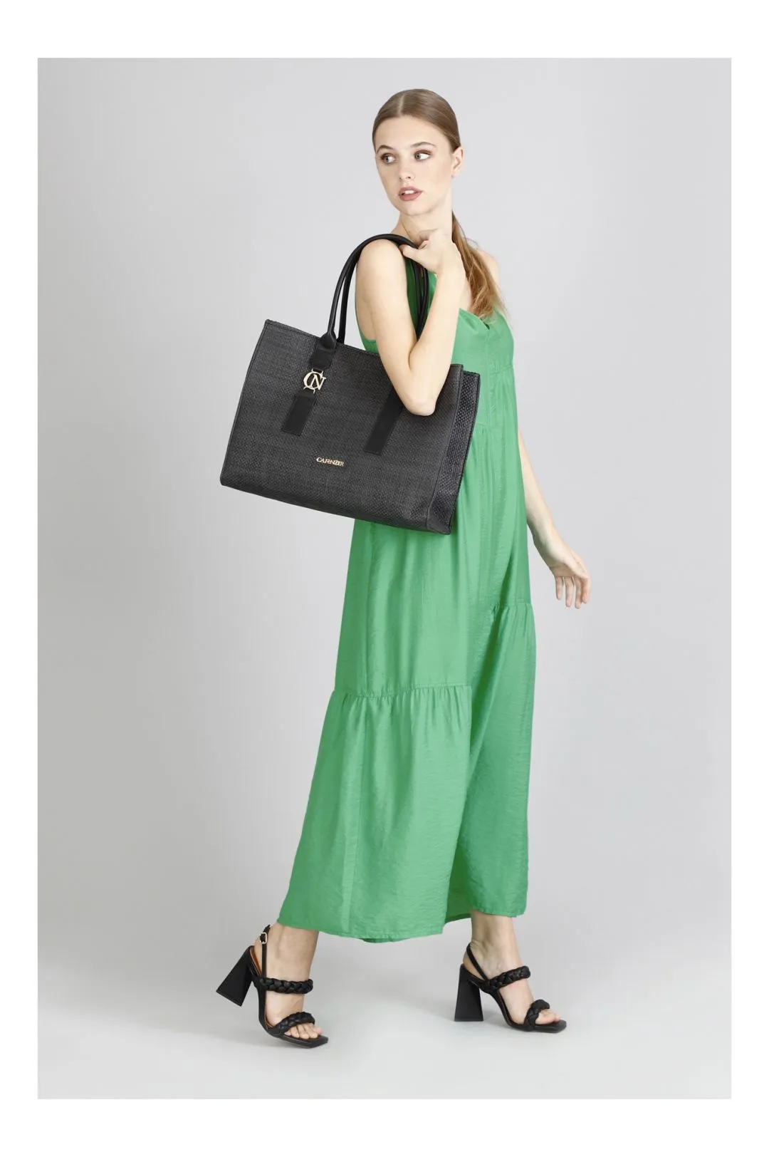 borsa squadrata con manici in tono e accessorio cafènoir nero