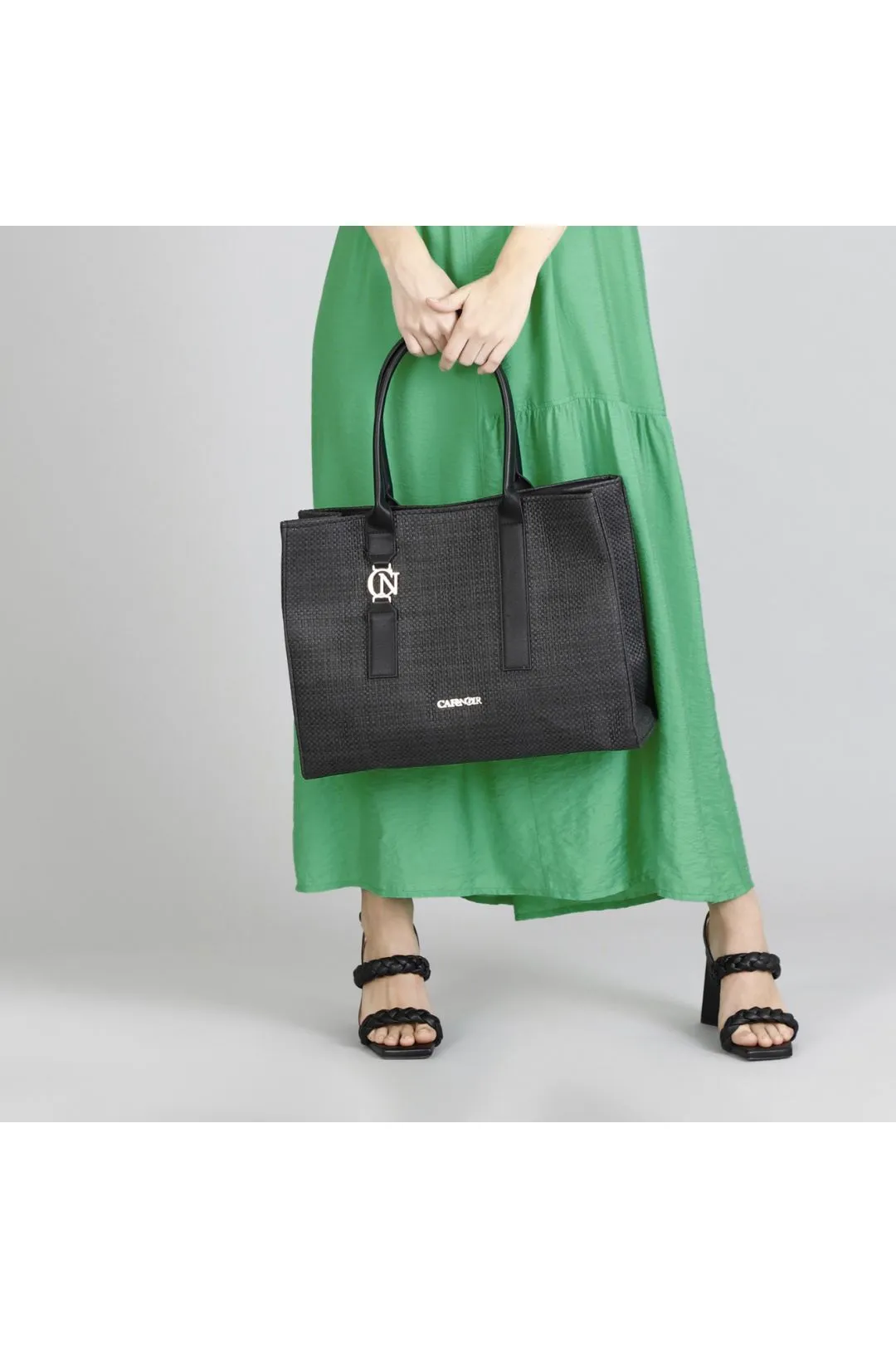 borsa squadrata con manici in tono e accessorio cafènoir nero