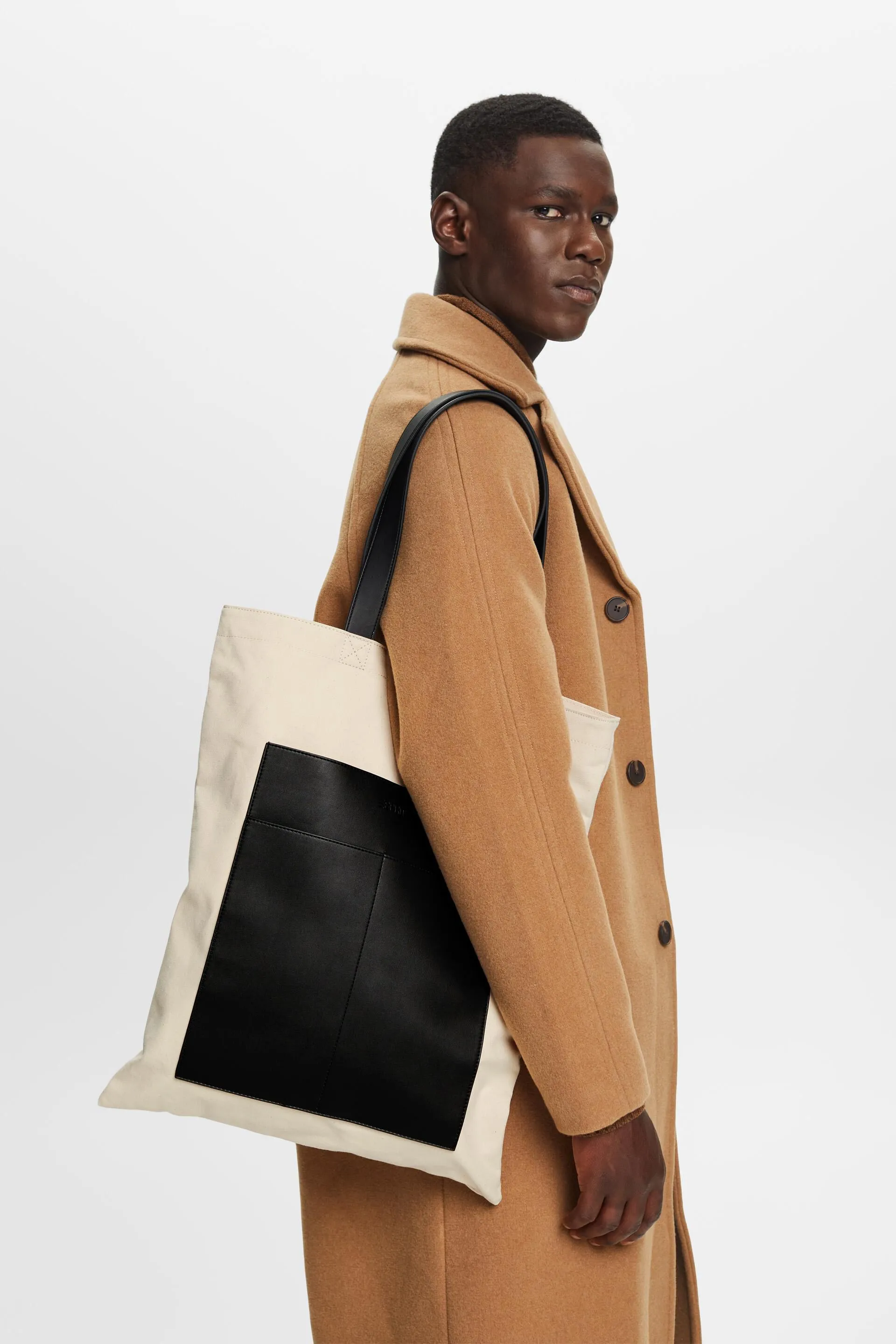 Borsa tote in tela di cotone con bordo in pelle vegana