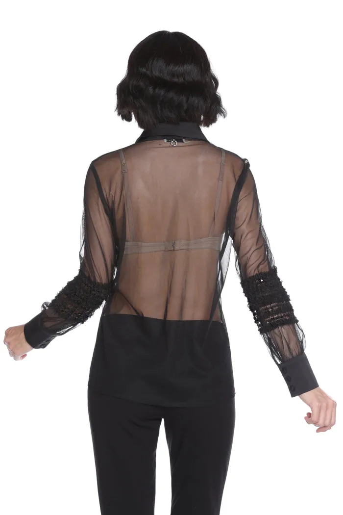 Camicia ROSTERA manica lunga con arricci più paillettes con bordi più bottoncini raso tulle