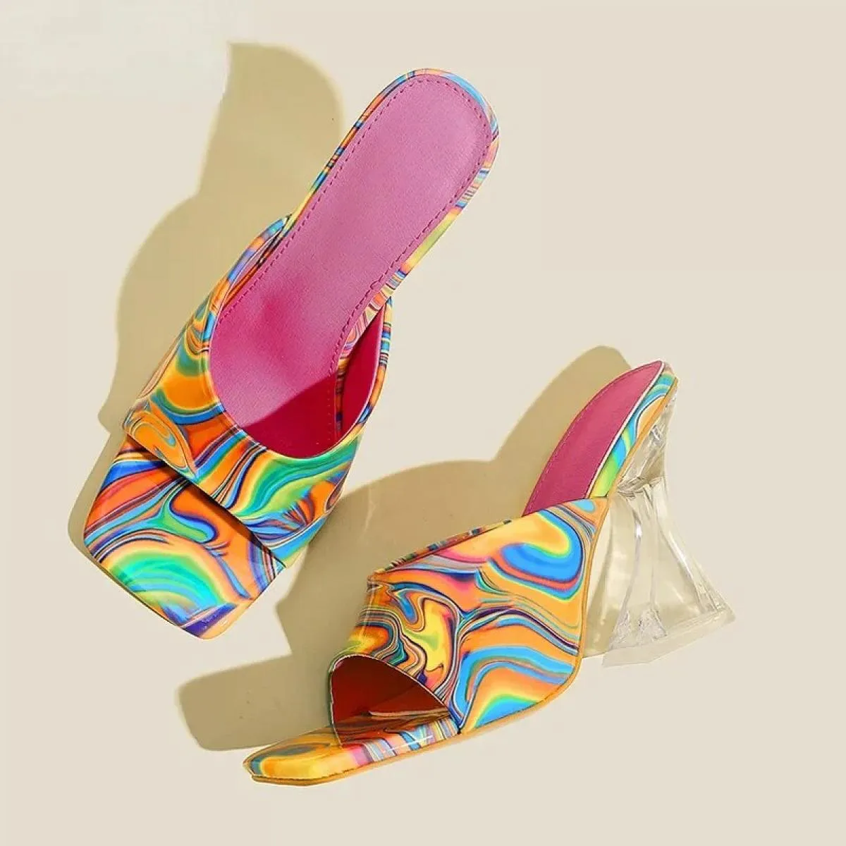 Camouflage Trasparente Strano Tacchi Alti Pantofole Donna Sandali Punta Quadrata Ciabatte Lady Décolleté Ciabatte Taglia 36 43