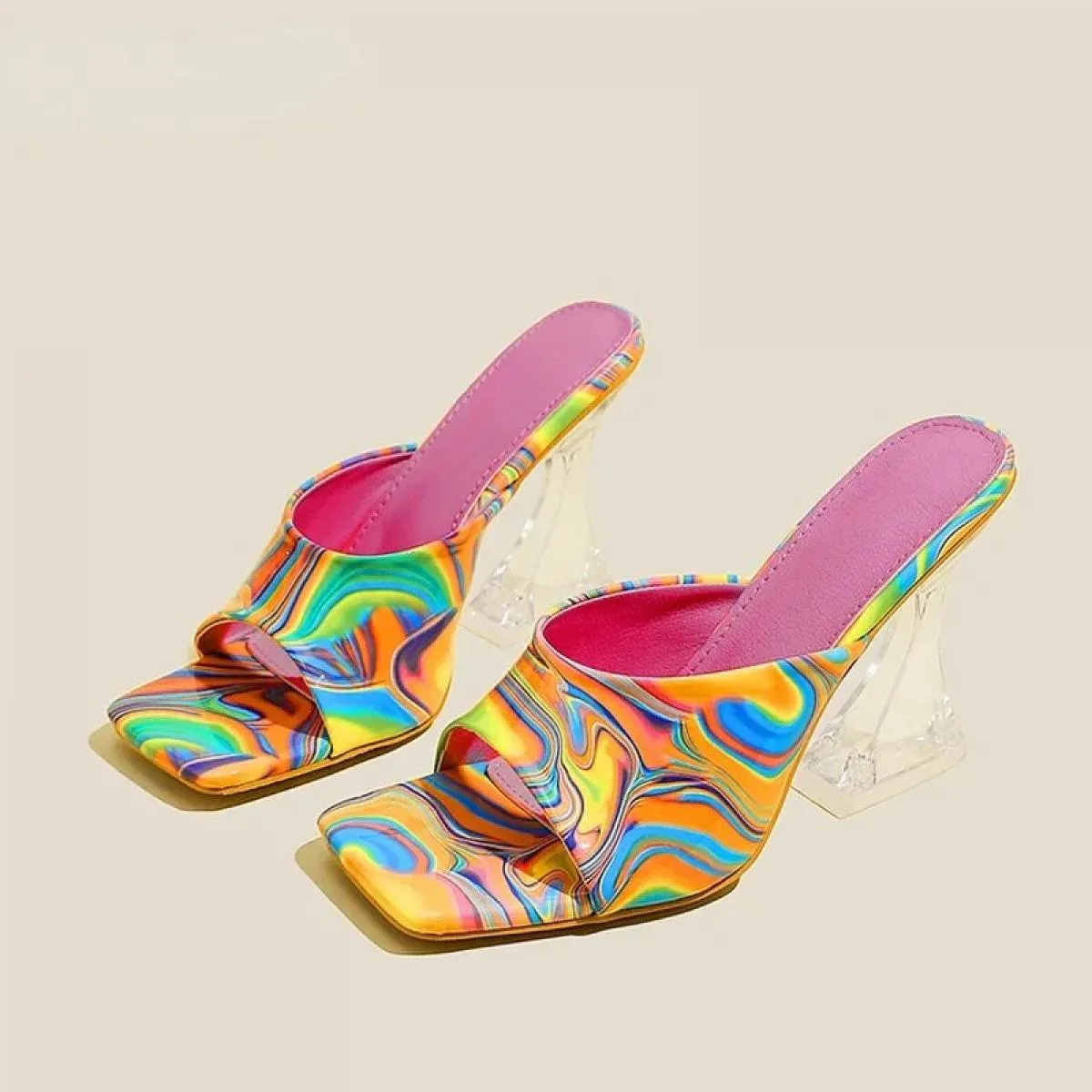 Camouflage Trasparente Strano Tacchi Alti Pantofole Donna Sandali Punta Quadrata Ciabatte Lady Décolleté Ciabatte Taglia 36 43