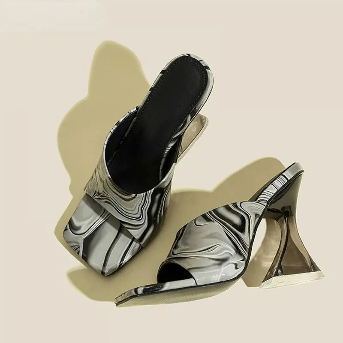 Camouflage Trasparente Strano Tacchi Alti Pantofole Donna Sandali Punta Quadrata Ciabatte Lady Décolleté Ciabatte Taglia 36 43