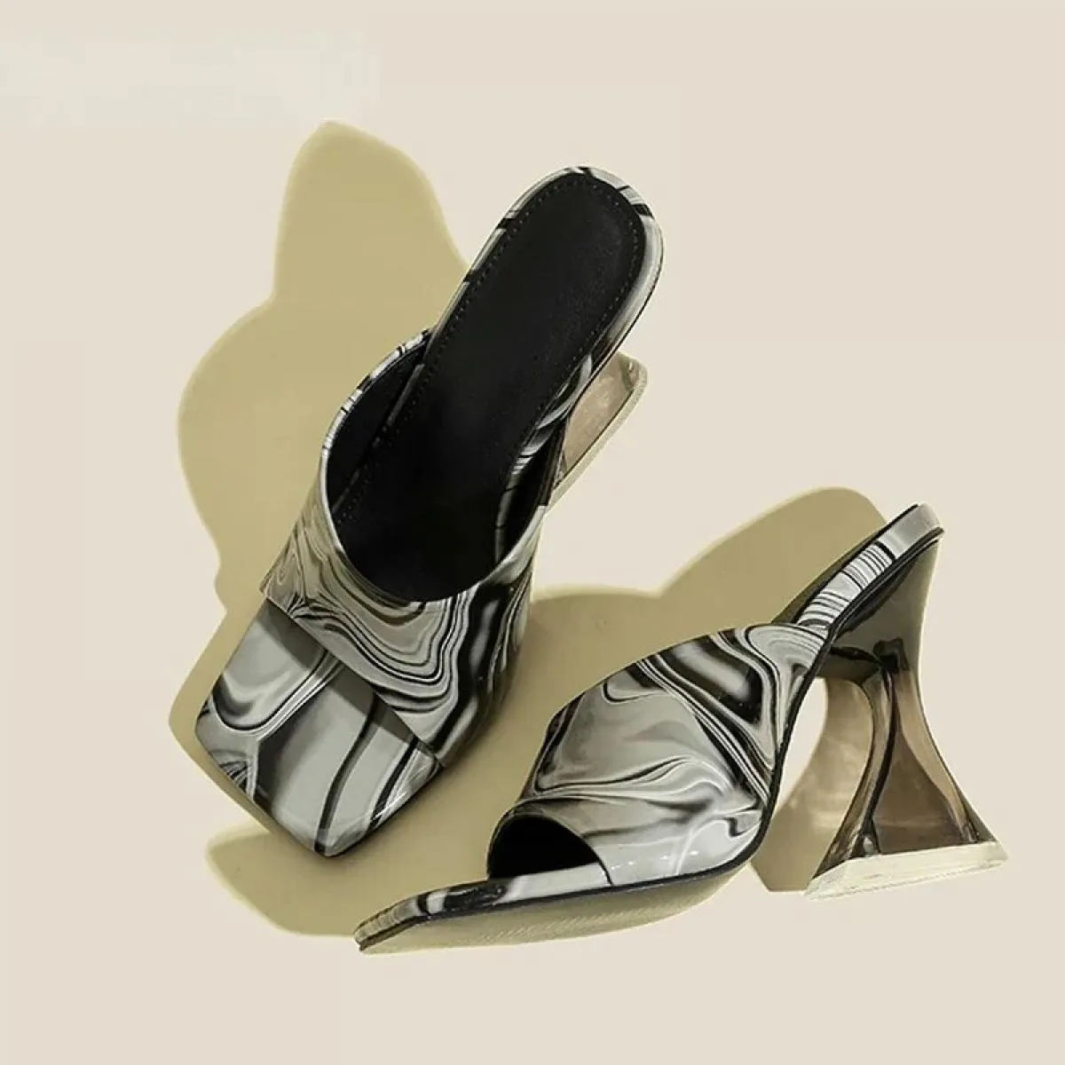 Camouflage Trasparente Strano Tacchi Alti Pantofole Donna Sandali Punta Quadrata Ciabatte Lady Décolleté Ciabatte Taglia 36 43