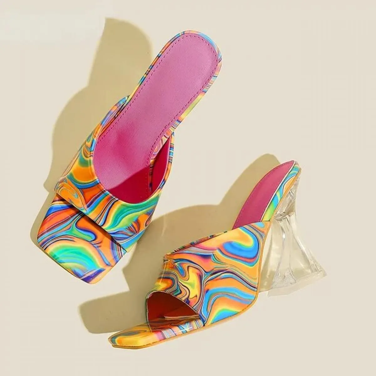 Camouflage Trasparente Strano Tacchi Alti Pantofole Donna Sandali Punta Quadrata Ciabatte Lady Décolleté Ciabatte Taglia 36 43