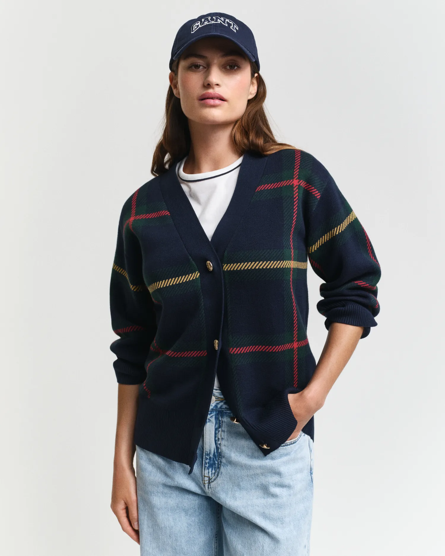 Cardigan a quadri con scollo a V    