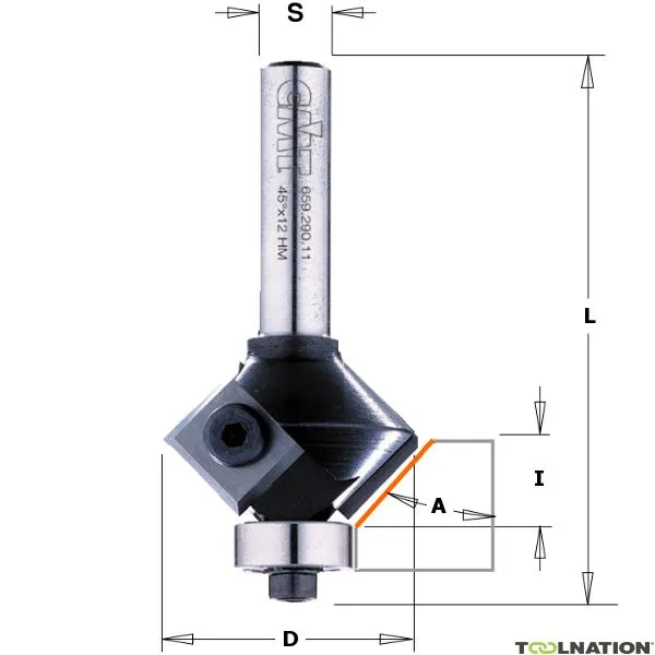 CMT 659.030.11 Fresatrice per bordi con lame intercambiabili + cuscinetto terminale 30° 28 x 66 mm gambo 8 mm