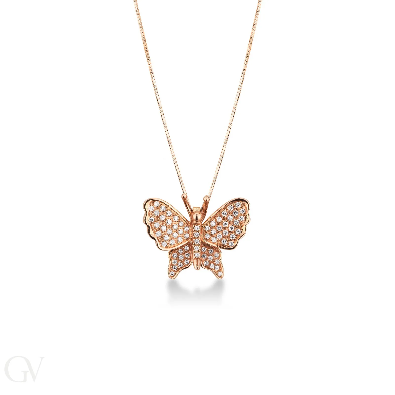 Collana in oro rosa 18k con pendente a farfalla e diamanti