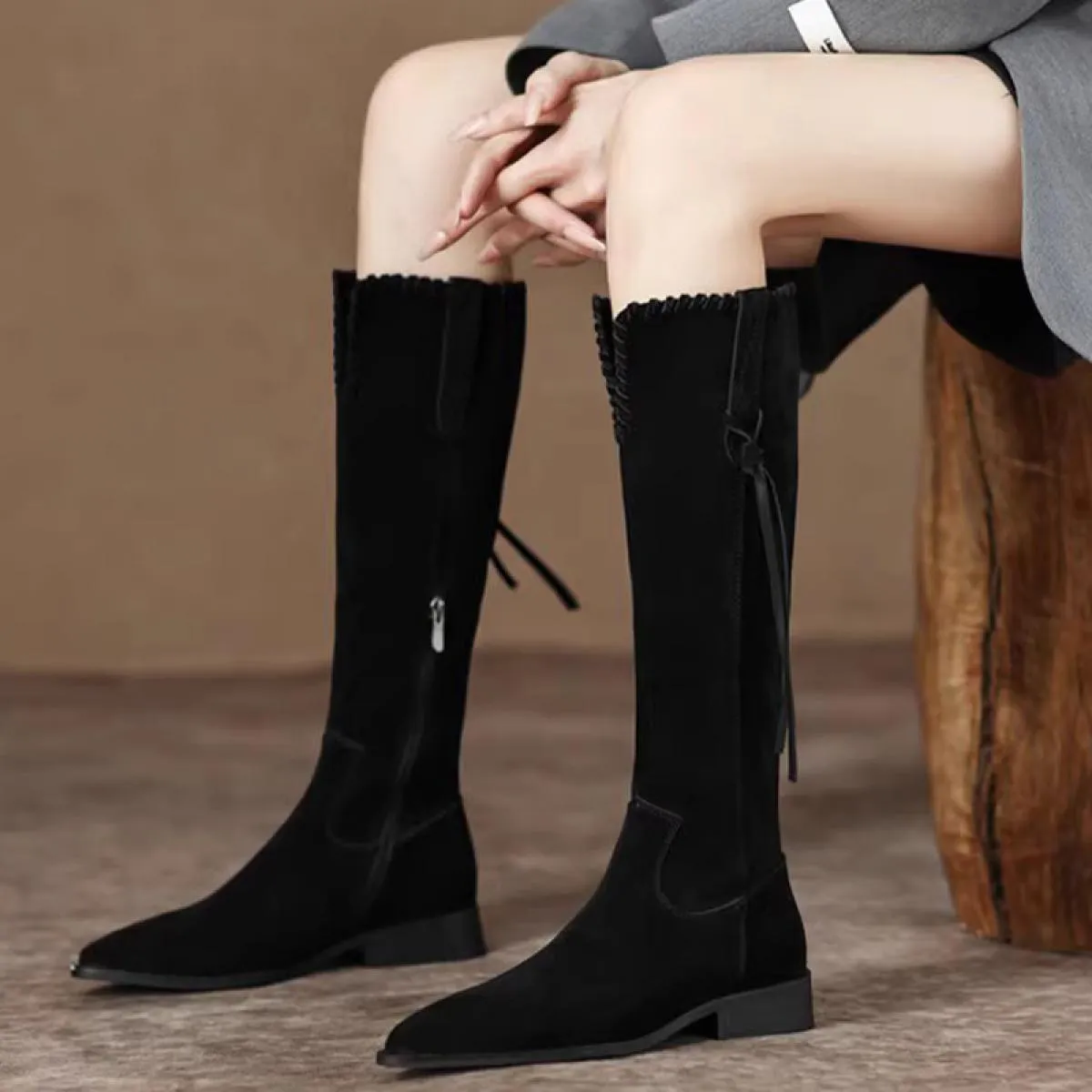 Donna Inverno Tacco medio Scarpe alte al ginocchio Stivali da moto in pelle scamosciata moda 2023 Nuova tendenza Goth Stivali Ch
