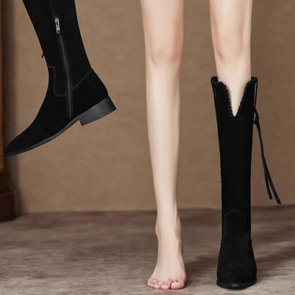 Donna Inverno Tacco medio Scarpe alte al ginocchio Stivali da moto in pelle scamosciata moda 2023 Nuova tendenza Goth Stivali Ch