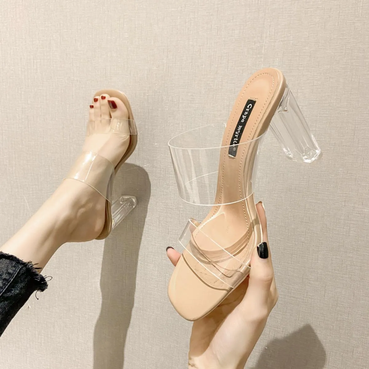 Estate nuove donne pantofole in PVC trasparenti tacco alto diapositive femminile punta quadrata tacco sottile punta quadrata san