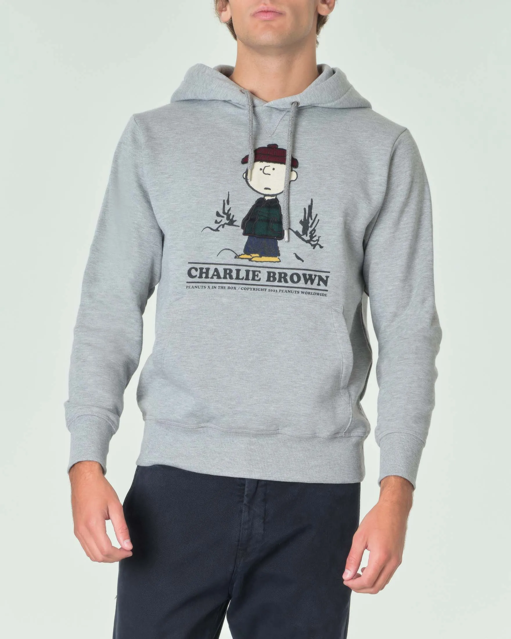 Felpa grigia con cappuccio e grafica Charlie Brown sul petto