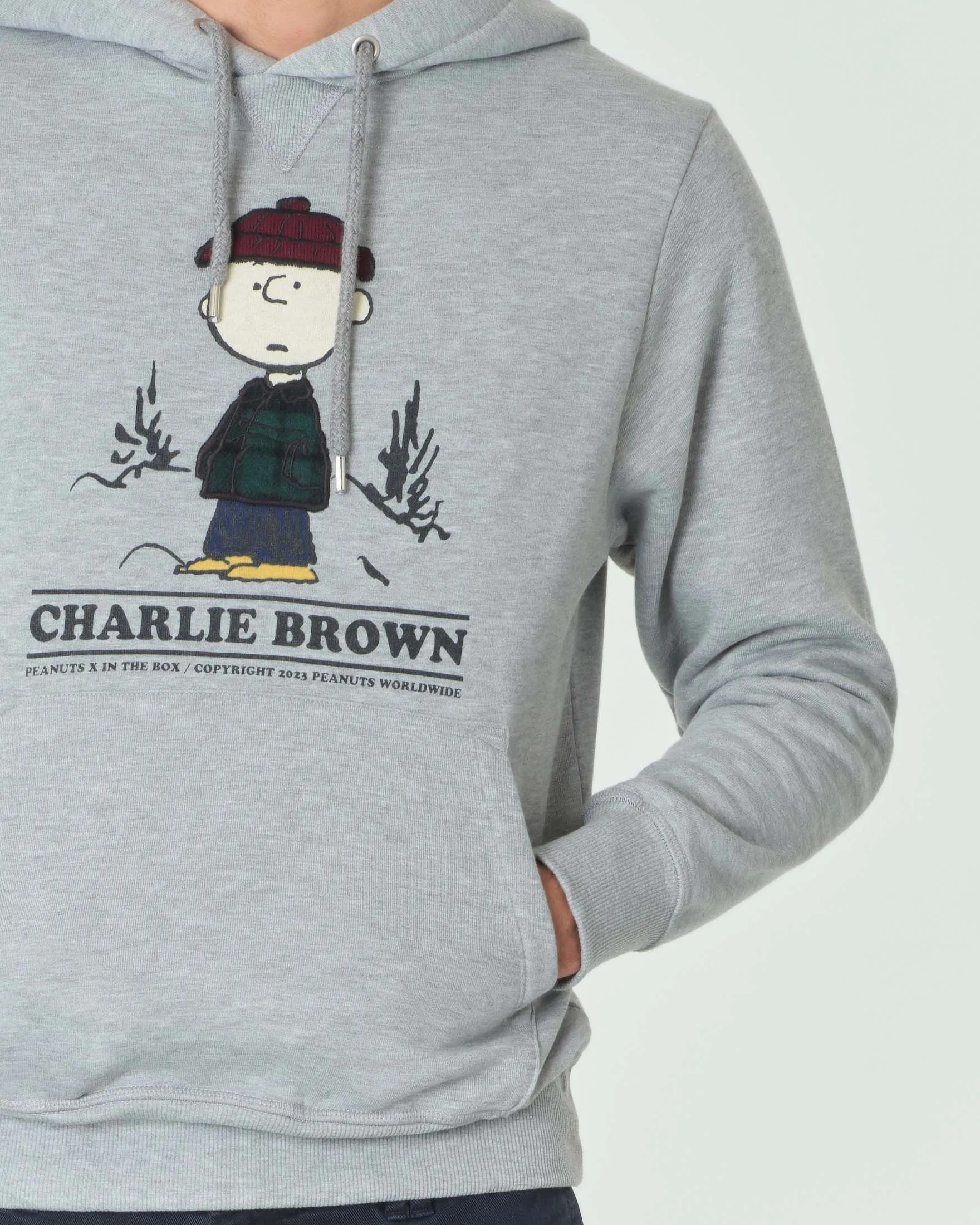 Felpa grigia con cappuccio e grafica Charlie Brown sul petto