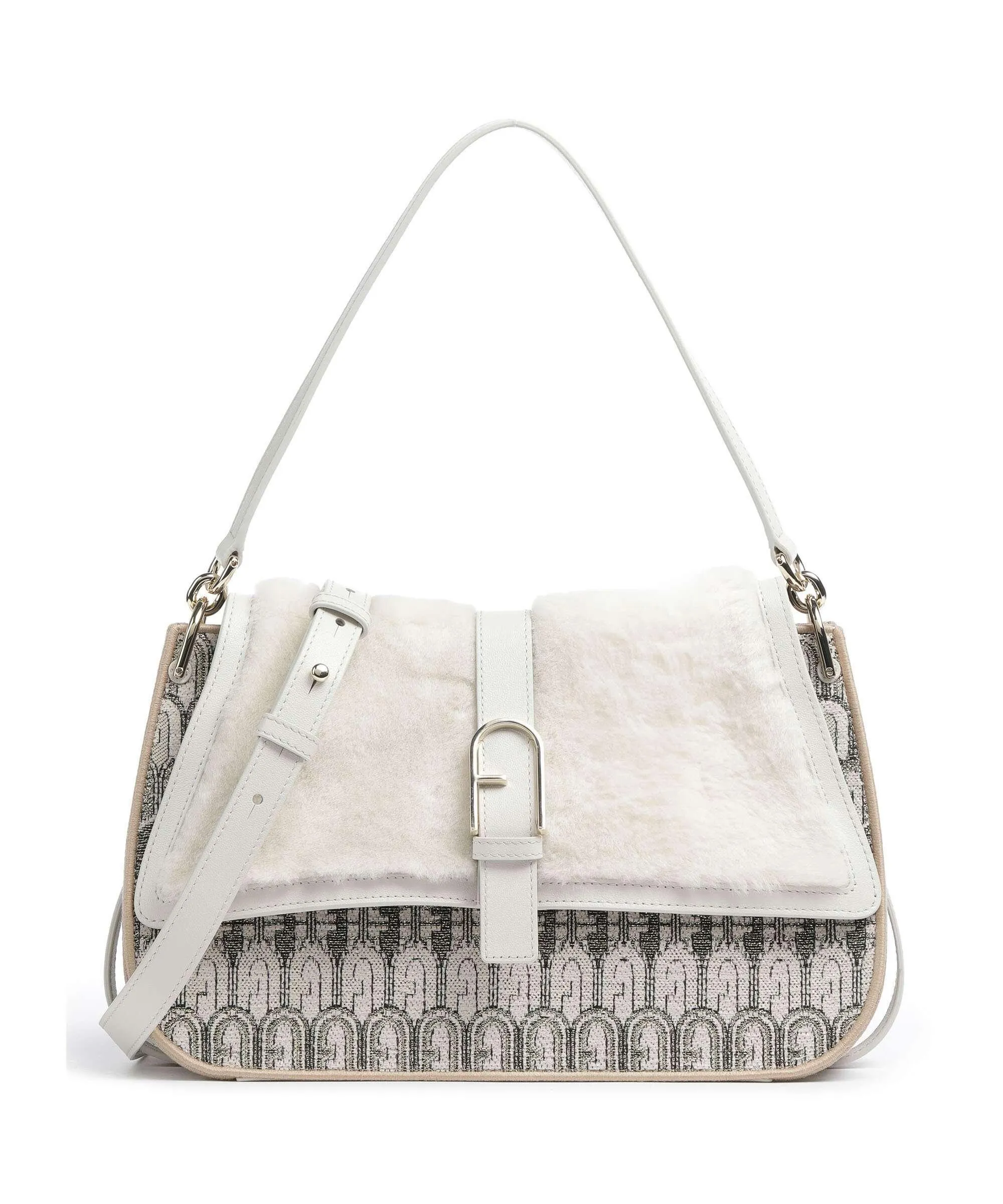  Furla Flow L Borsa a spalla pelliccia, tissu beige  