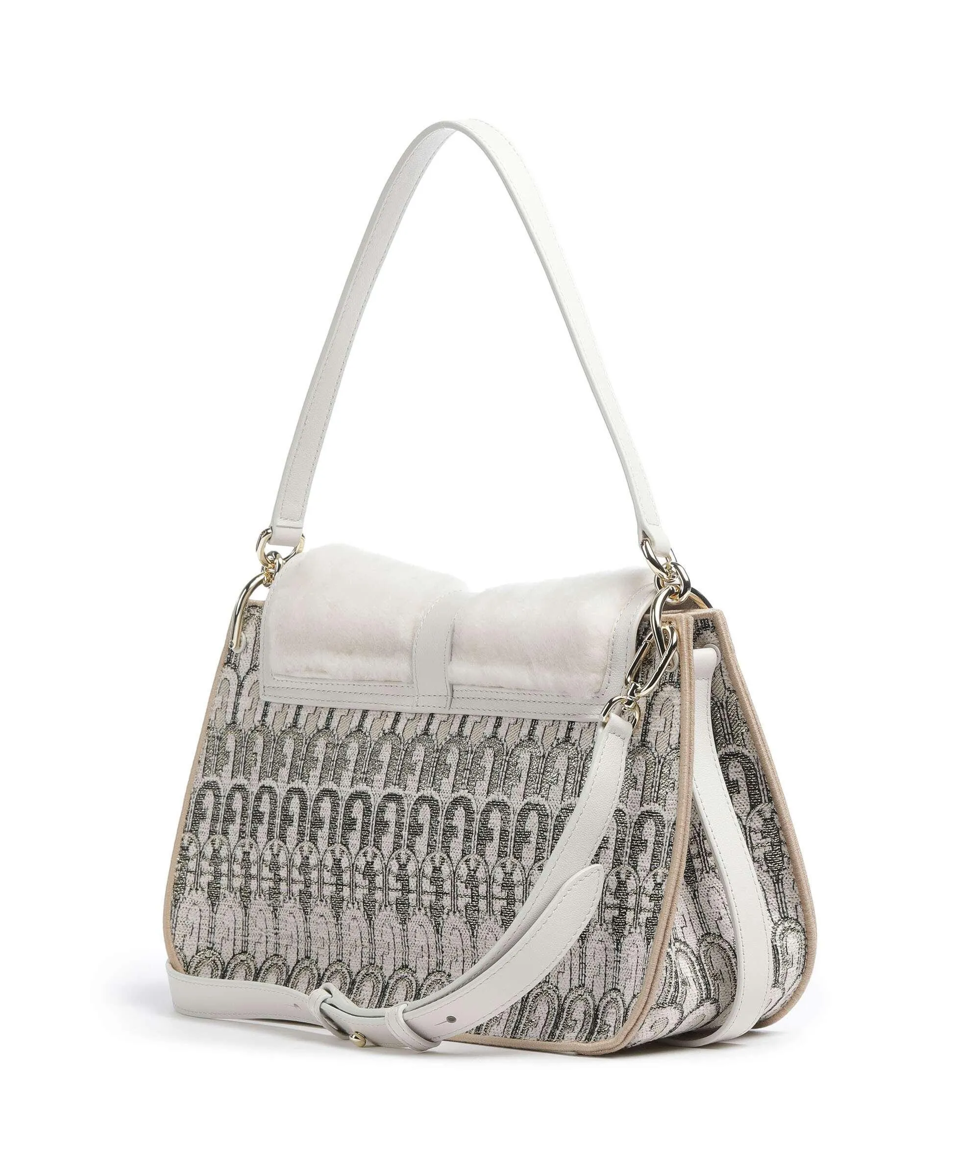  Furla Flow L Borsa a spalla pelliccia, tissu beige  