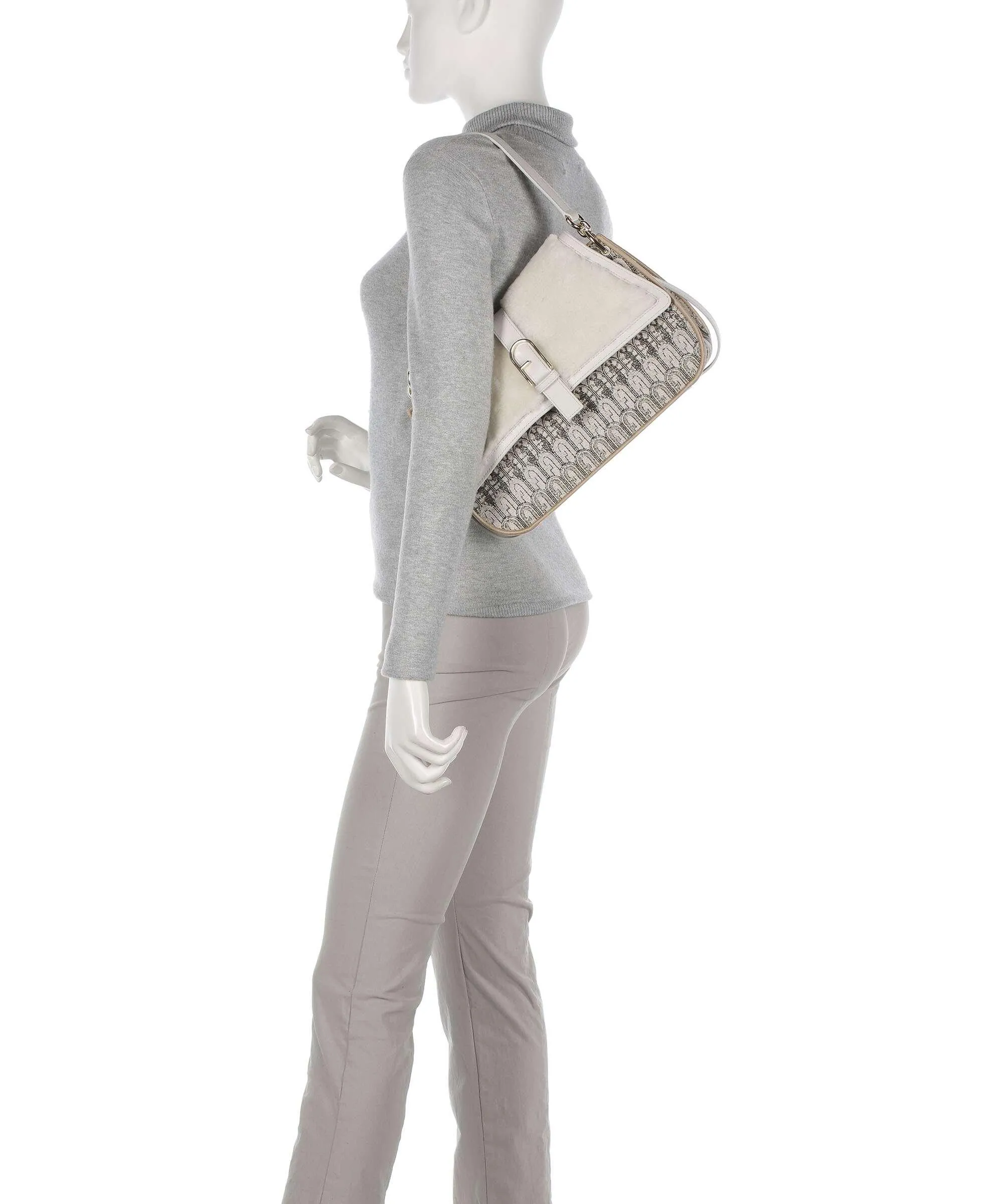  Furla Flow L Borsa a spalla pelliccia, tissu beige  