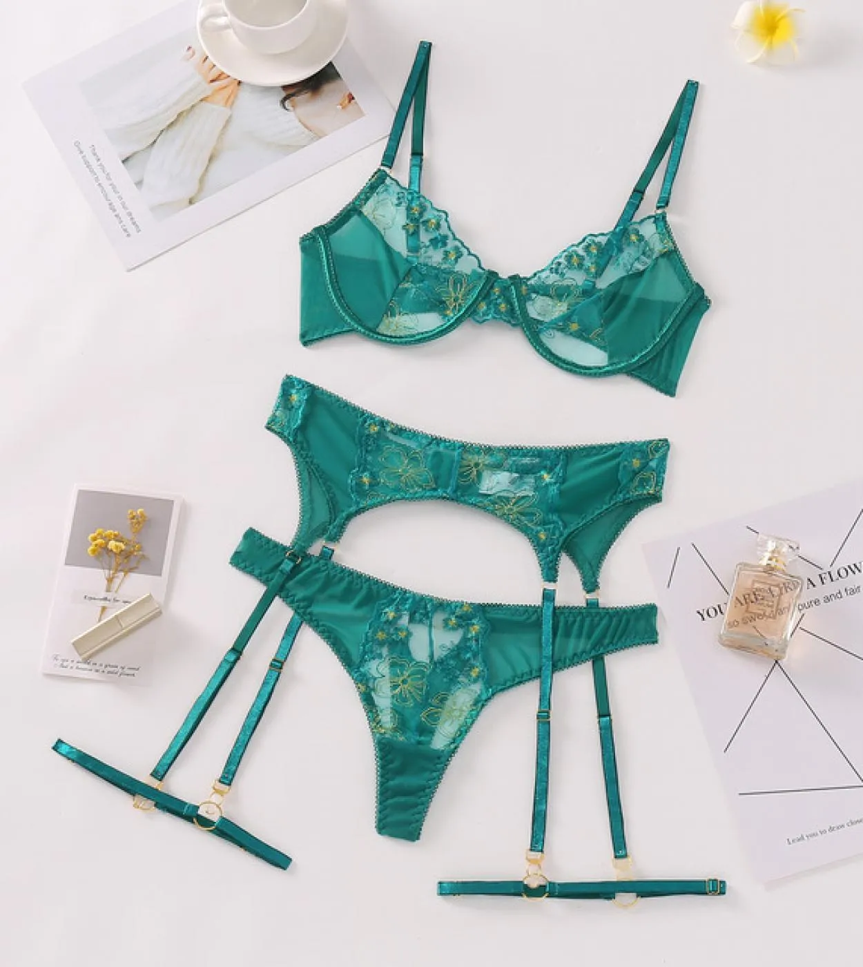Giarrettiera Fantasia Set Biancheria Intima Verde Set Biancheria Intima Donna Set Lingerie Donna