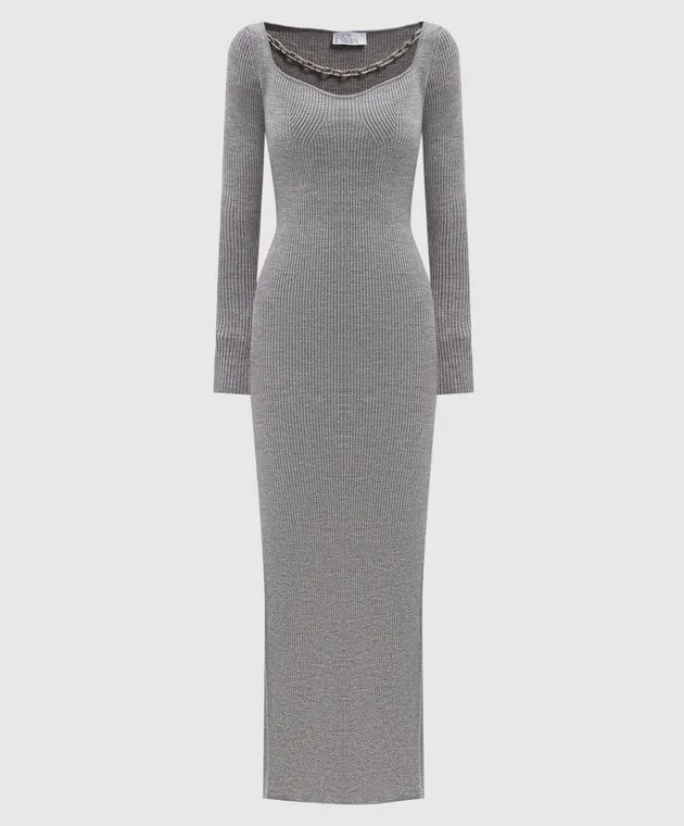 Giuseppe Di Morabito Milano Maxi abito grigio in lana merino a coste con cristalli 03PFKN32103358