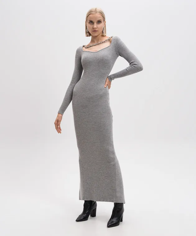 Giuseppe Di Morabito Milano Maxi abito grigio in lana merino a coste con cristalli 03PFKN32103358