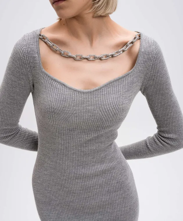 Giuseppe Di Morabito Milano Maxi abito grigio in lana merino a coste con cristalli 03PFKN32103358