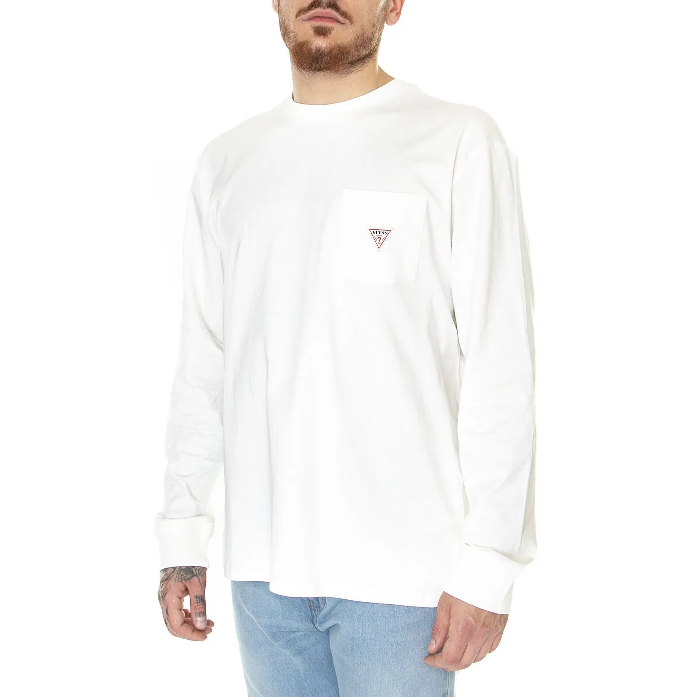 GUESS ORIGINALS M' Go LS Sailor Logo Tee White Peaks - Maglietta Girocollo Maniche Lunghe Uomo Bianca    