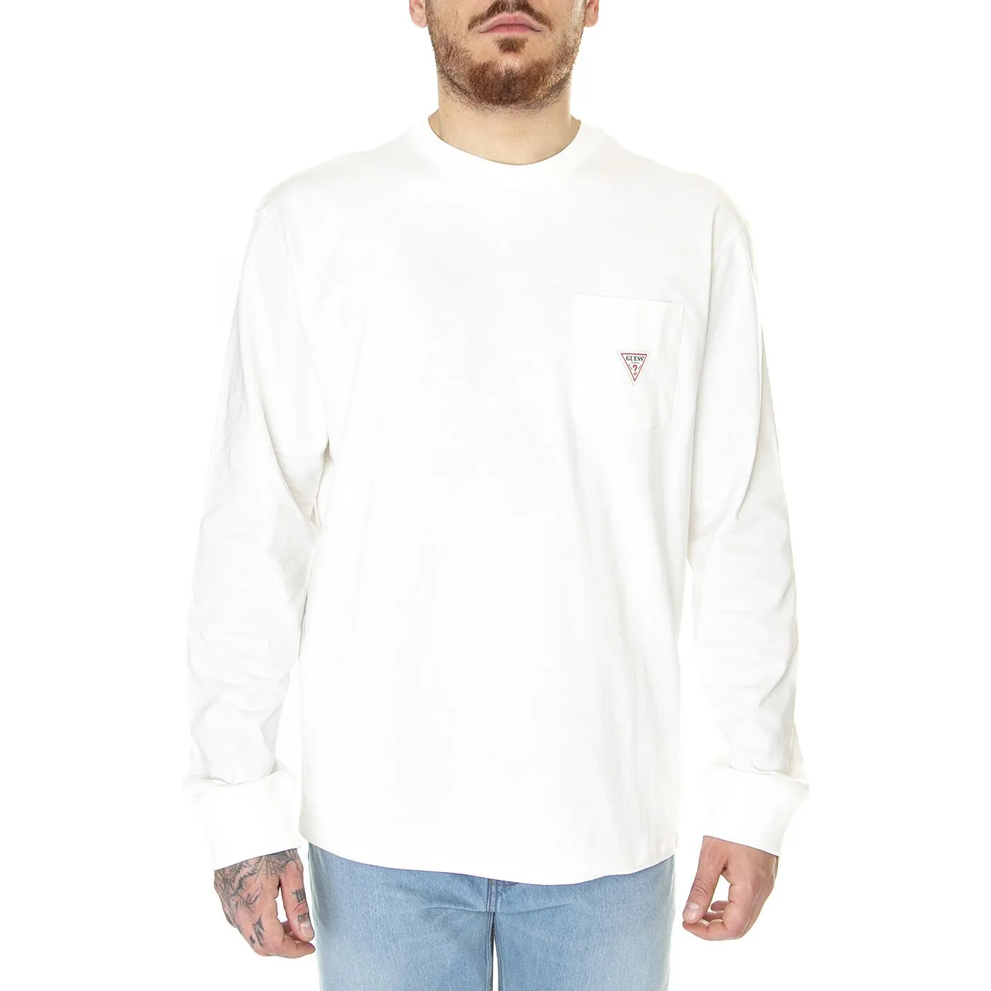 GUESS ORIGINALS M' Go LS Sailor Logo Tee White Peaks - Maglietta Girocollo Maniche Lunghe Uomo Bianca    