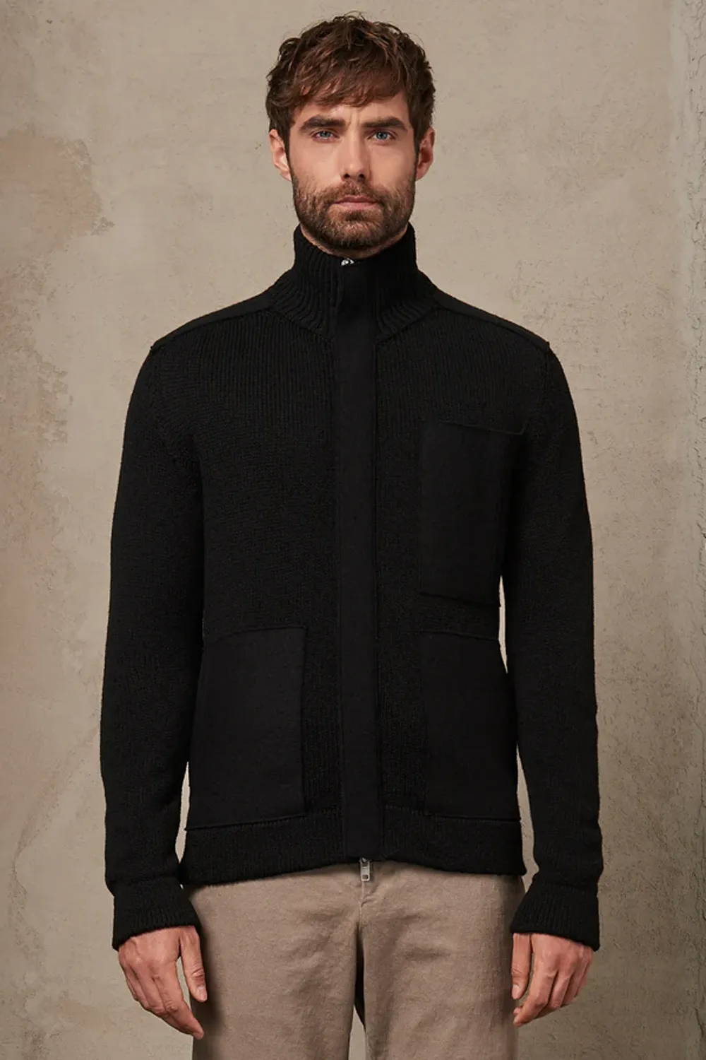 Knitted Wool Zip Up Black