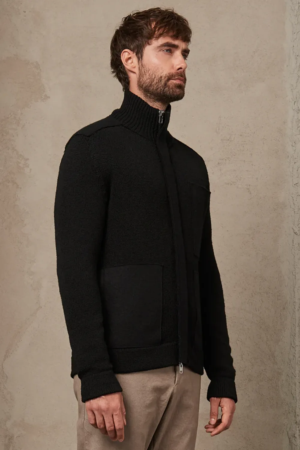 Knitted Wool Zip Up Black