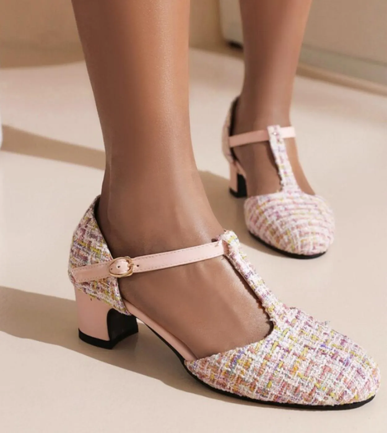 Lady Plaid T Strap Mary Janes Scarpe Donna Sweet Bow Tacco medio Girl Woman Summer Lolita Scarpa Punta tonda Décolleté casual Dr
