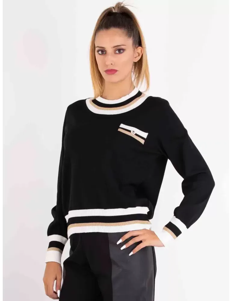 Maglia nera pura lana profili bianco e oro lurex Piero Moretti