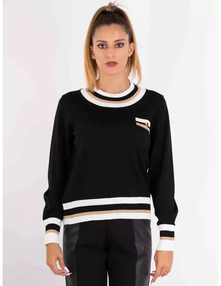 Maglia nera pura lana profili bianco e oro lurex Piero Moretti