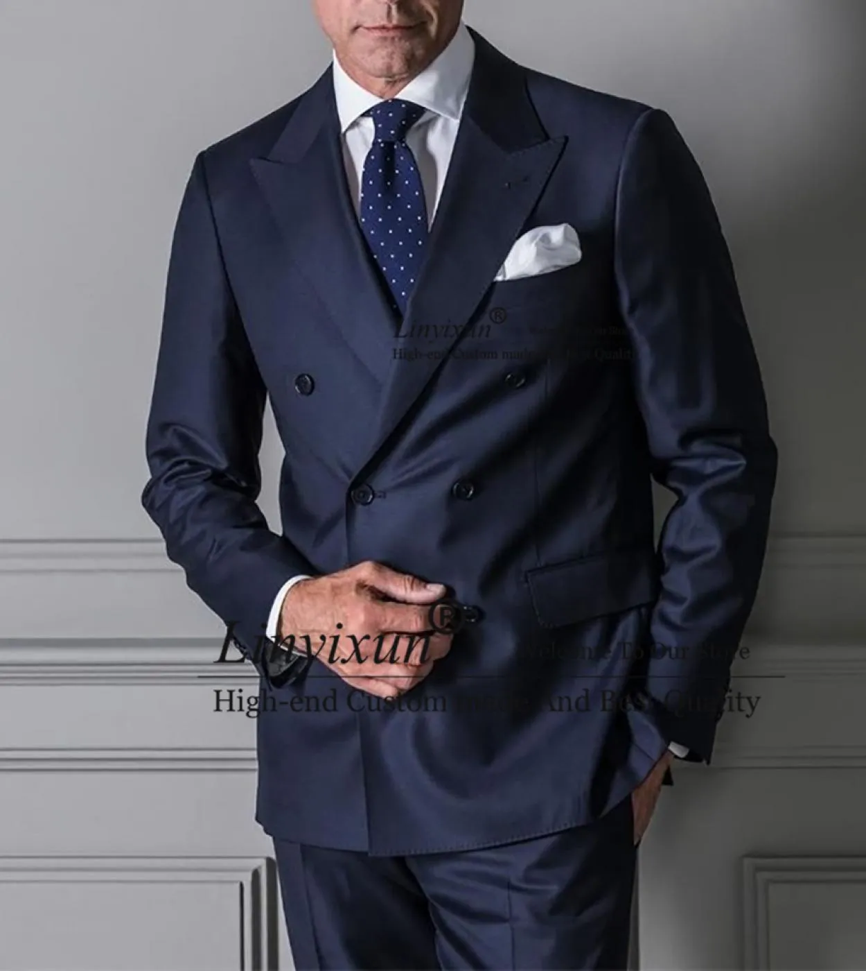 Navy Blue Mens Suit Peak Lapel Double Breasted Business Blazer Slim Fit Wedding Groom Tuxedo Terno Masculino 2 Piece Jac
