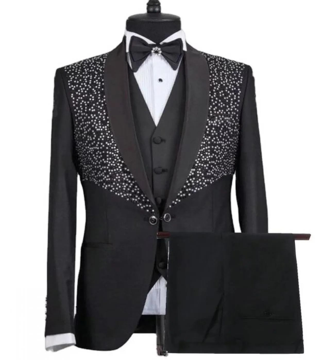 New Fashion Black Crystal Liste Prom Abiti da uomo per la cerimonia nuziale 3 pezzi Slim Fit Groom Terno Masculino Tuxedo Costum