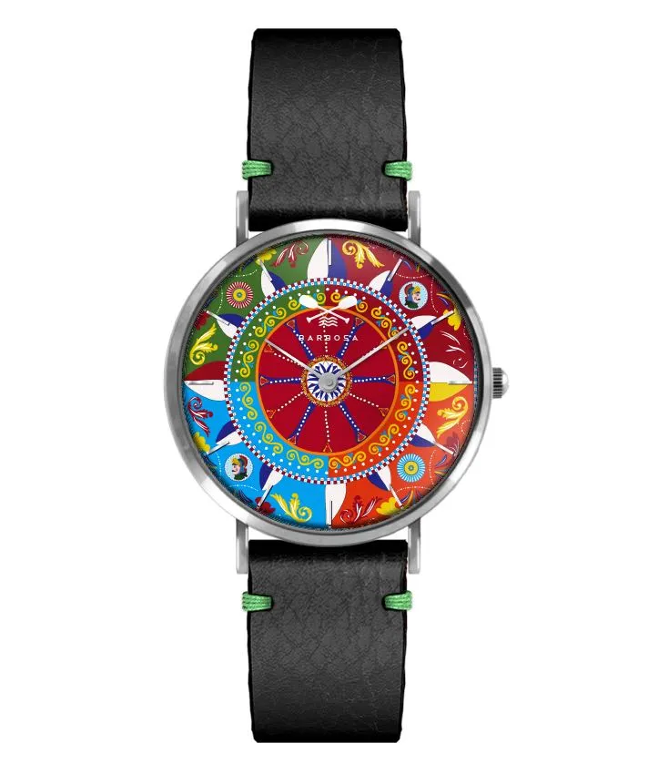 OROLOGIO SICILY MULTICOLOR dm. 36,5 PELLE NERO BANDANA VERDE