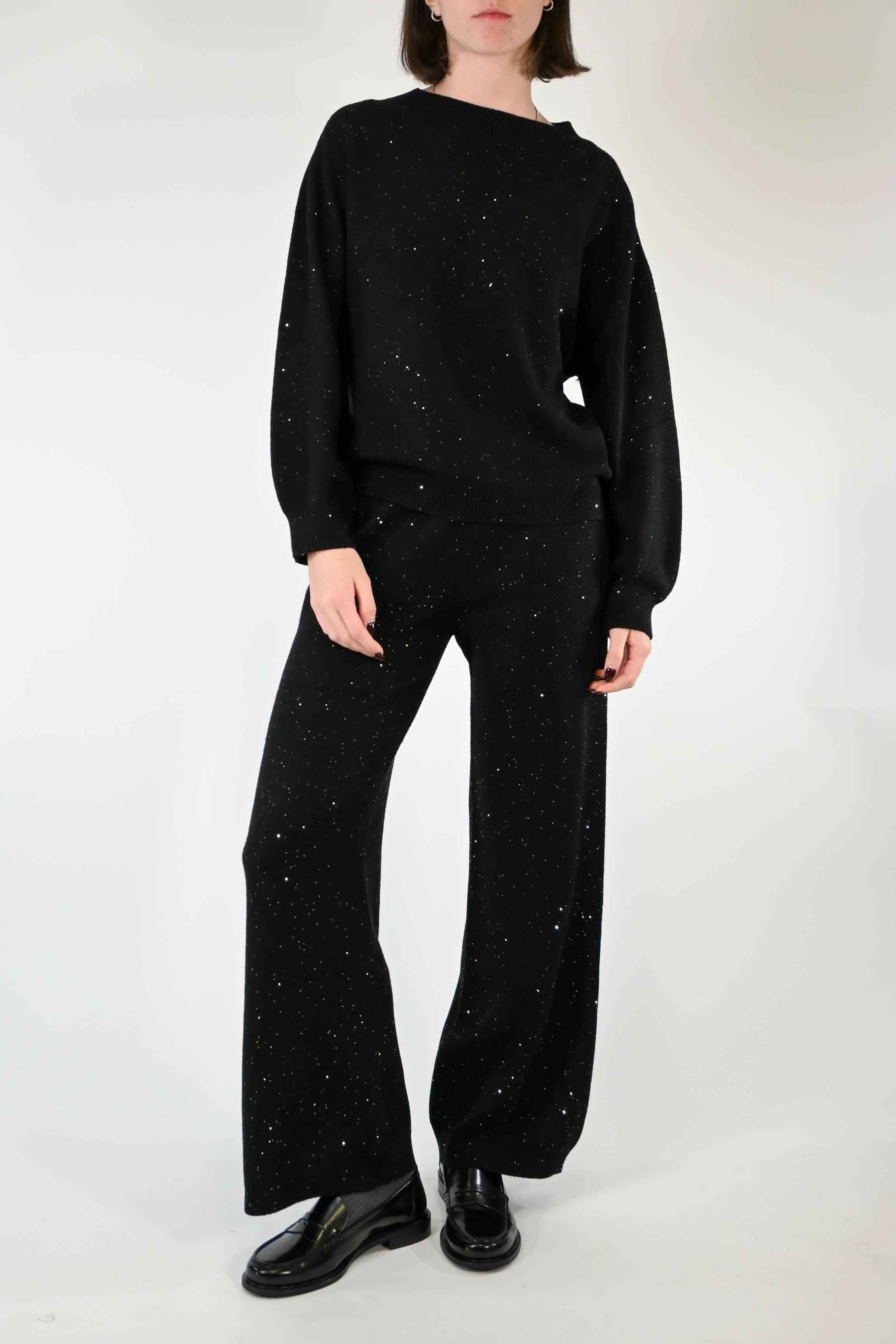 PANTALONE PALAZZO CON MICRO PAILLETTES NERO