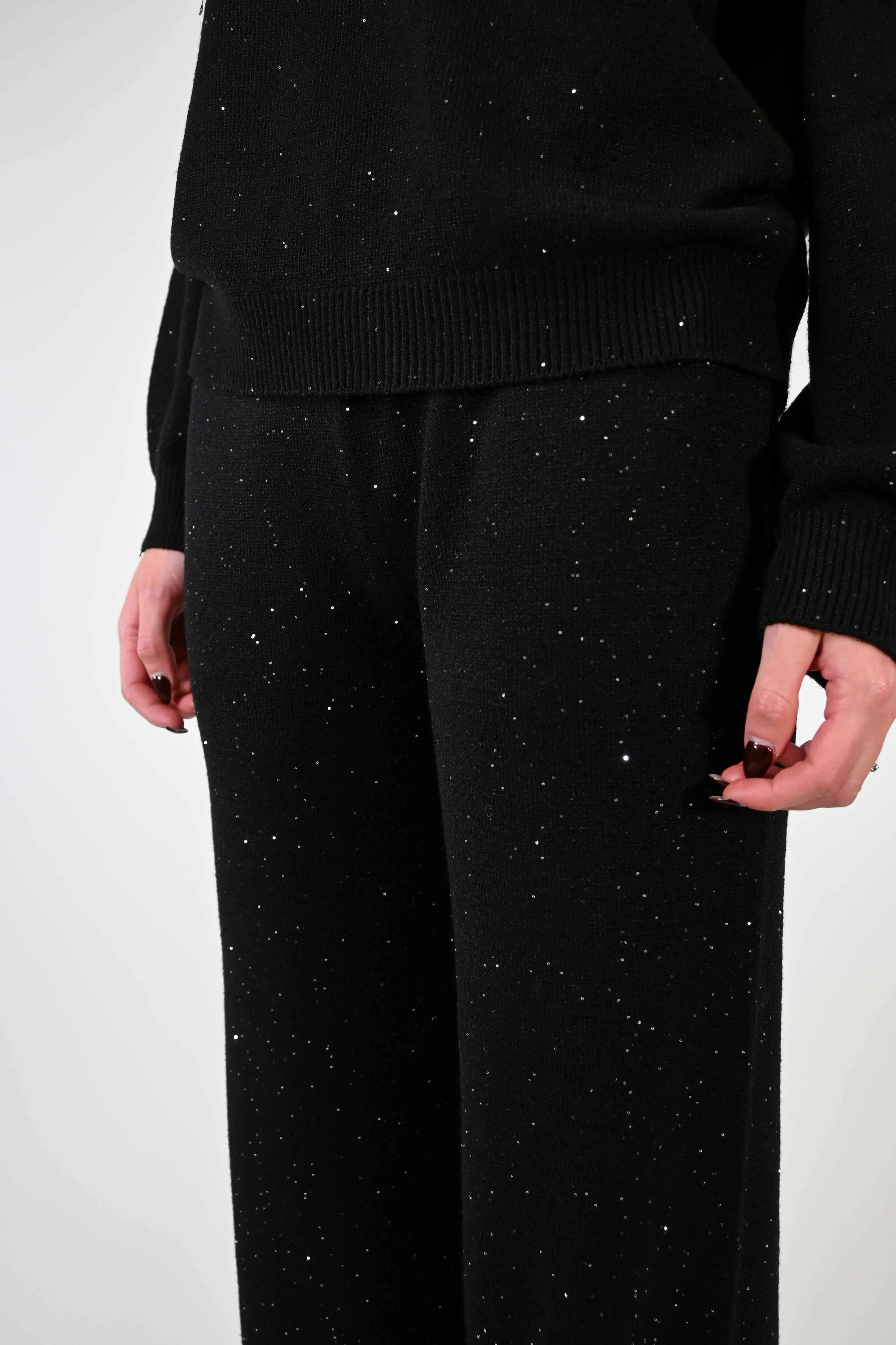 PANTALONE PALAZZO CON MICRO PAILLETTES NERO