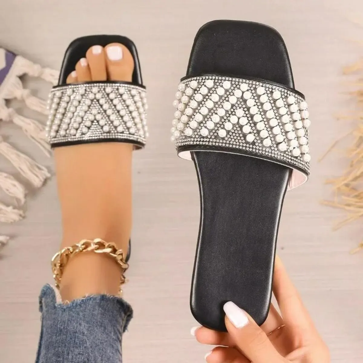 Pantofole con punta quadrata da donna casual in tinta unita con punta aperta e nuova moda estiva