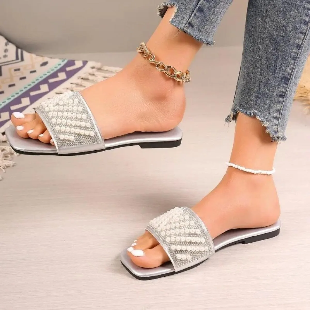Pantofole con punta quadrata da donna casual in tinta unita con punta aperta e nuova moda estiva