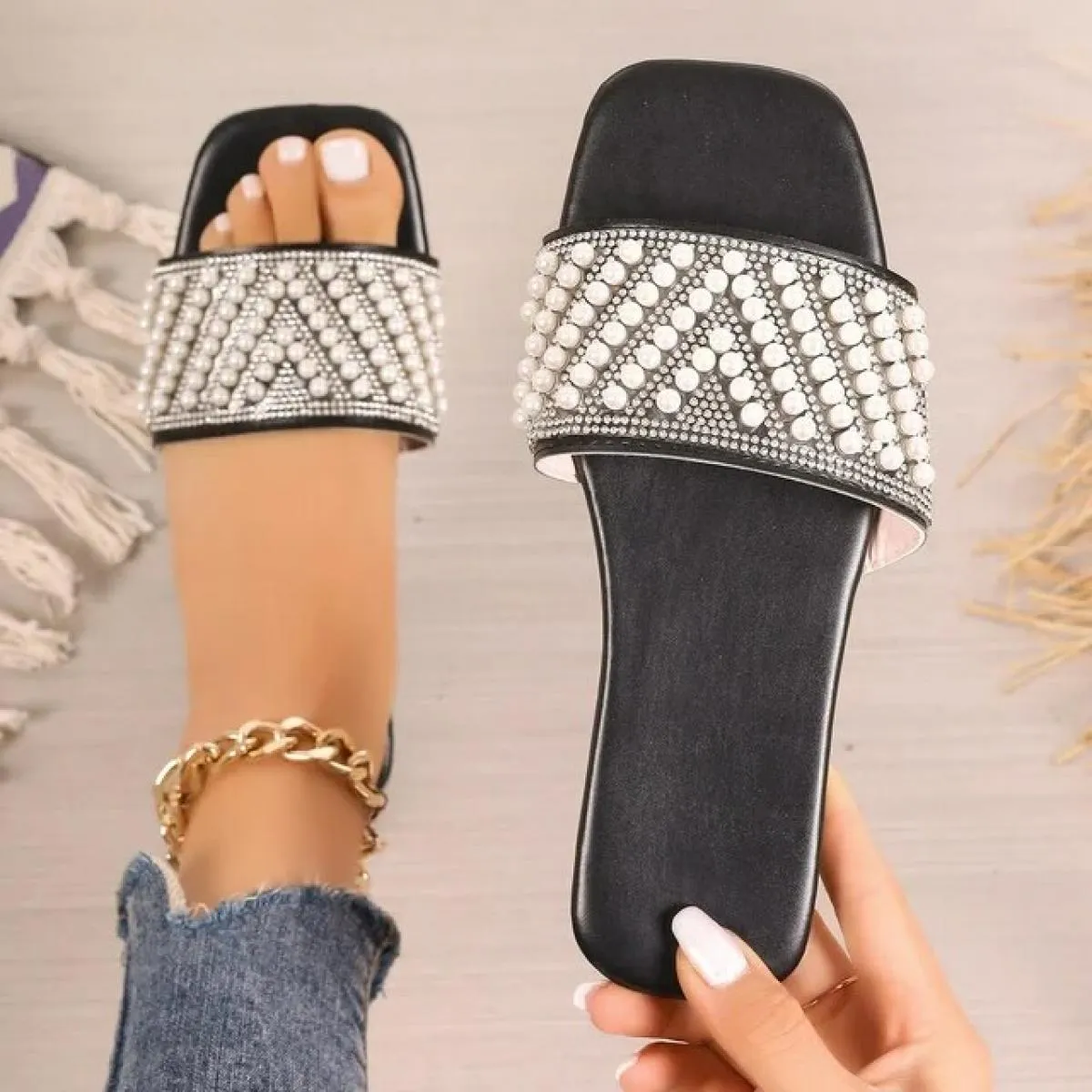 Pantofole con punta quadrata da donna casual in tinta unita con punta aperta e nuova moda estiva