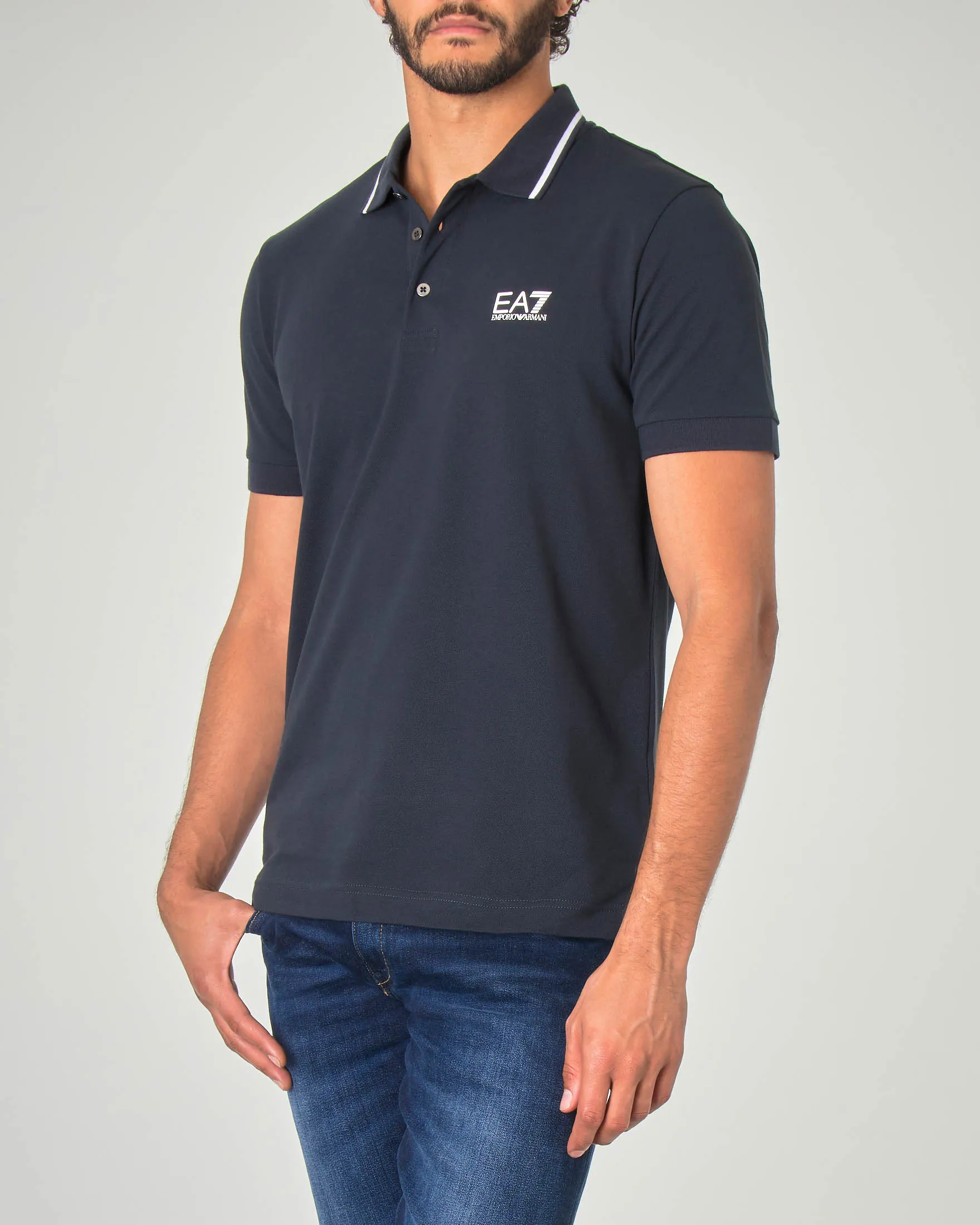 Polo blu in piquet di cotone stretch con bordino in contrasto